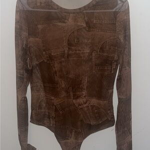 Fashion Nova Brown Printed Long Sleeve Bodysuit